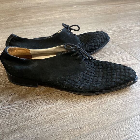 Vintage Via Spiga Black Suede Basket Weave Lace up Pointed Toe Oxford Loafers - Picture 5 of 7